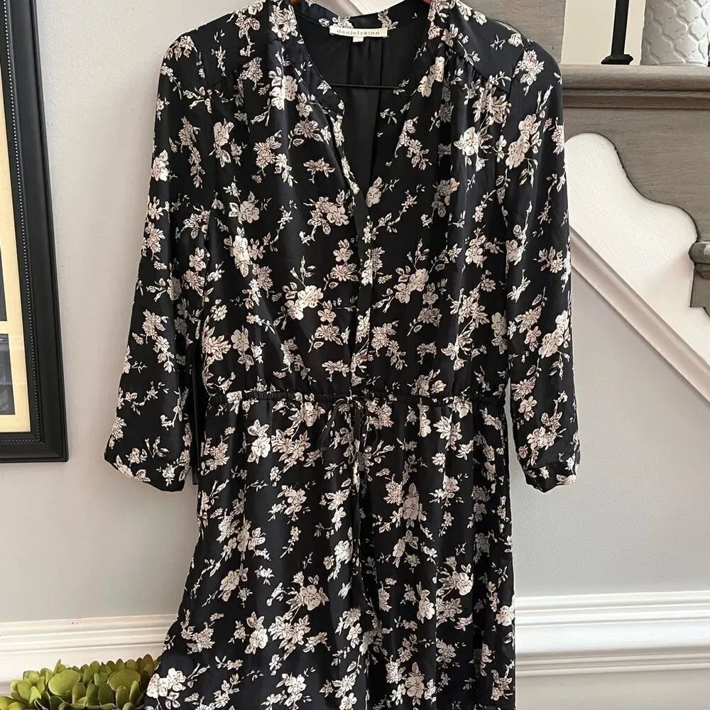 Daniel Rainn Black Floral Tie Waist Long Sleeve Shirt Dress sz L EUC